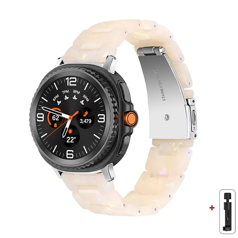 Samsung Galaxy Resin Link Watch Band - Tortoise Women Watch8/Watch8 Classic/Watch9 Ultra/Ultra2 with a stylish fluorescent white resin strap.