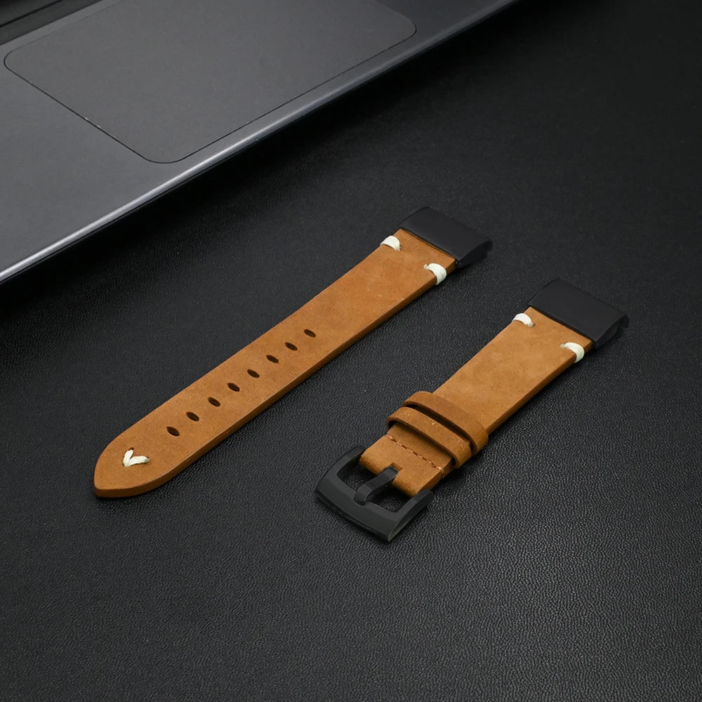 Garmin QuickFit Leather Band with Stitch Accents in Tan / Black