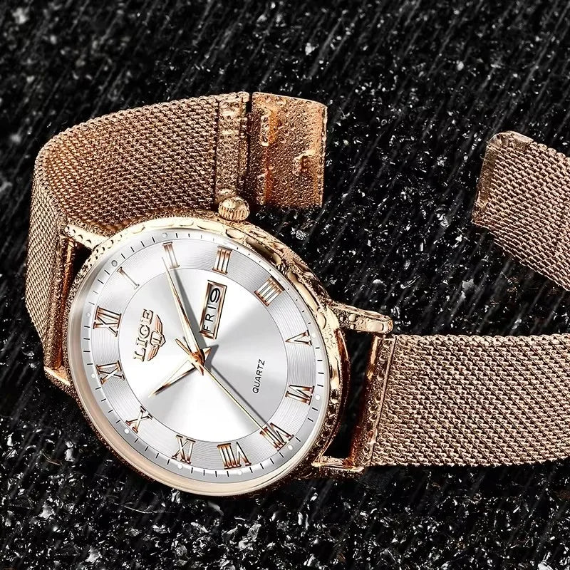 Women's Rose Gold-Tone Mesh Day-Date Watch — Mesh bracelet and clasp — BandsCo Straps