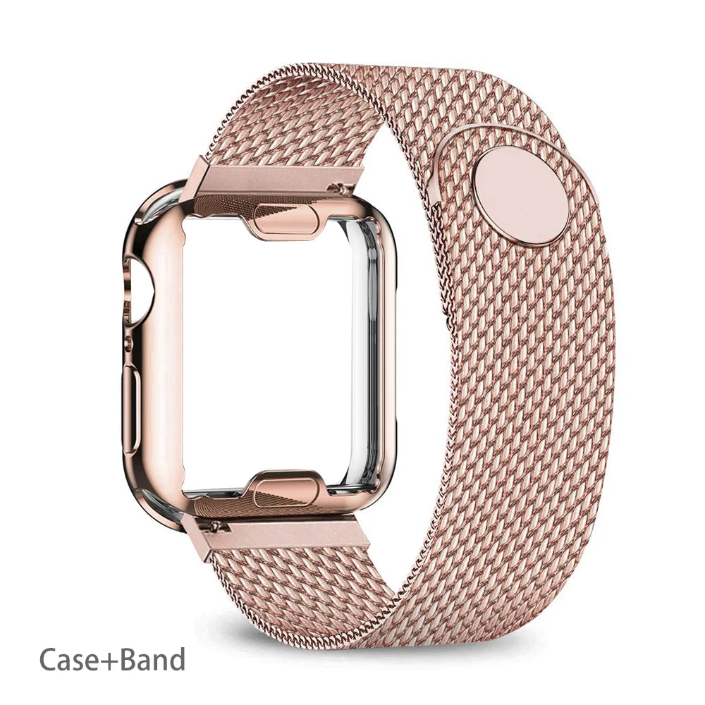 Rose gold mesh band with matching case surround for Apple Watch