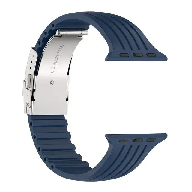 Navy Blue grooved silicone Apple Watch band with folding clasp