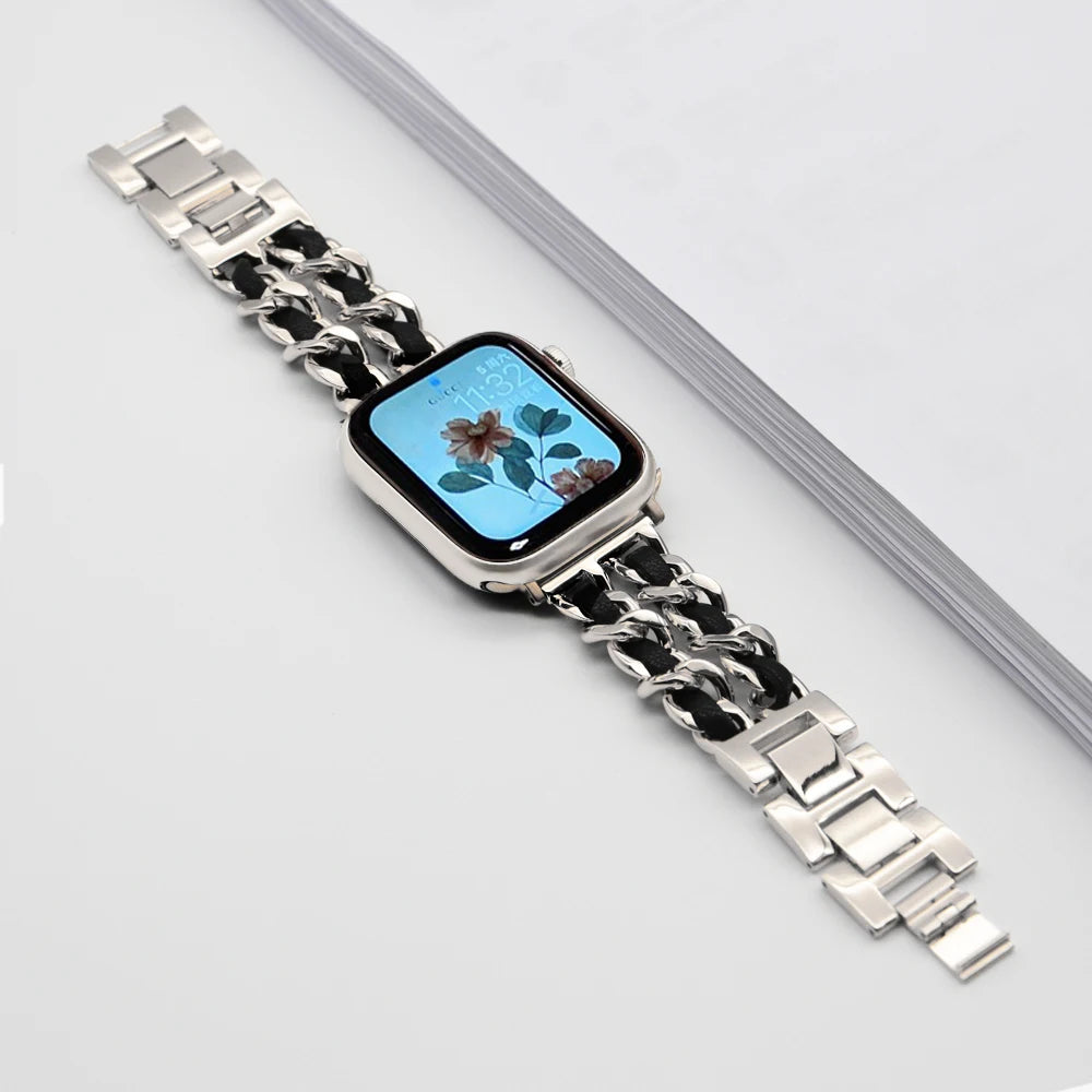 Woven-Accent Chain Apple Watch Bracelet Band in Silver / Black
