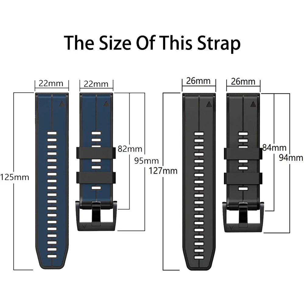 Garmin QuickFit Contrast-Panel Silicone Band 22mm and 26mm strap dimension diagrams