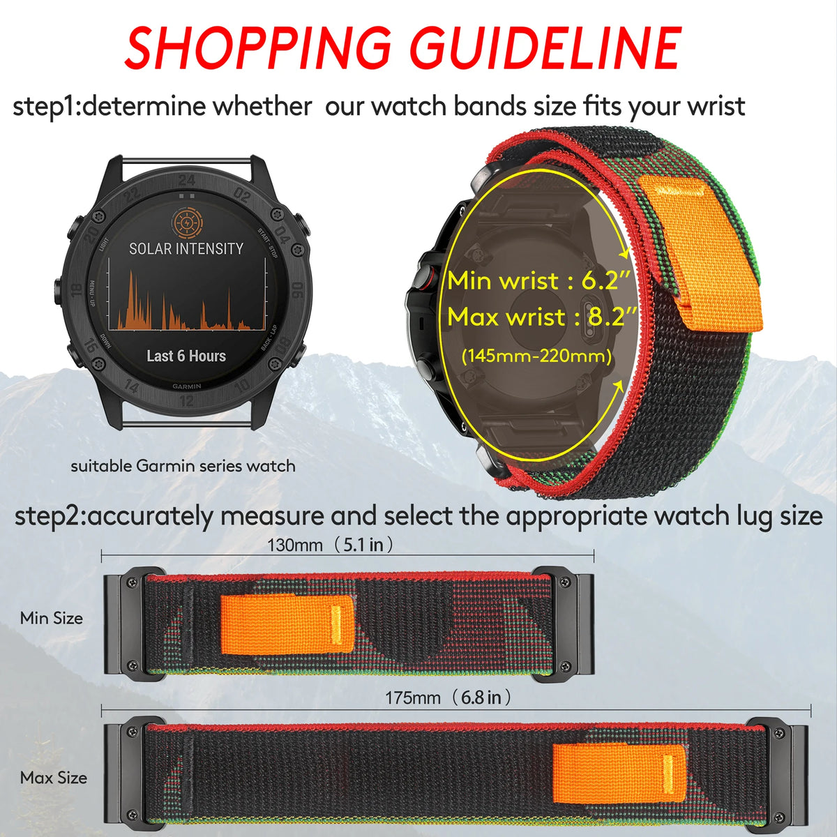 Garmin QuickFit Woven Nylon Trail Loop Band strap length and wrist sizing guide