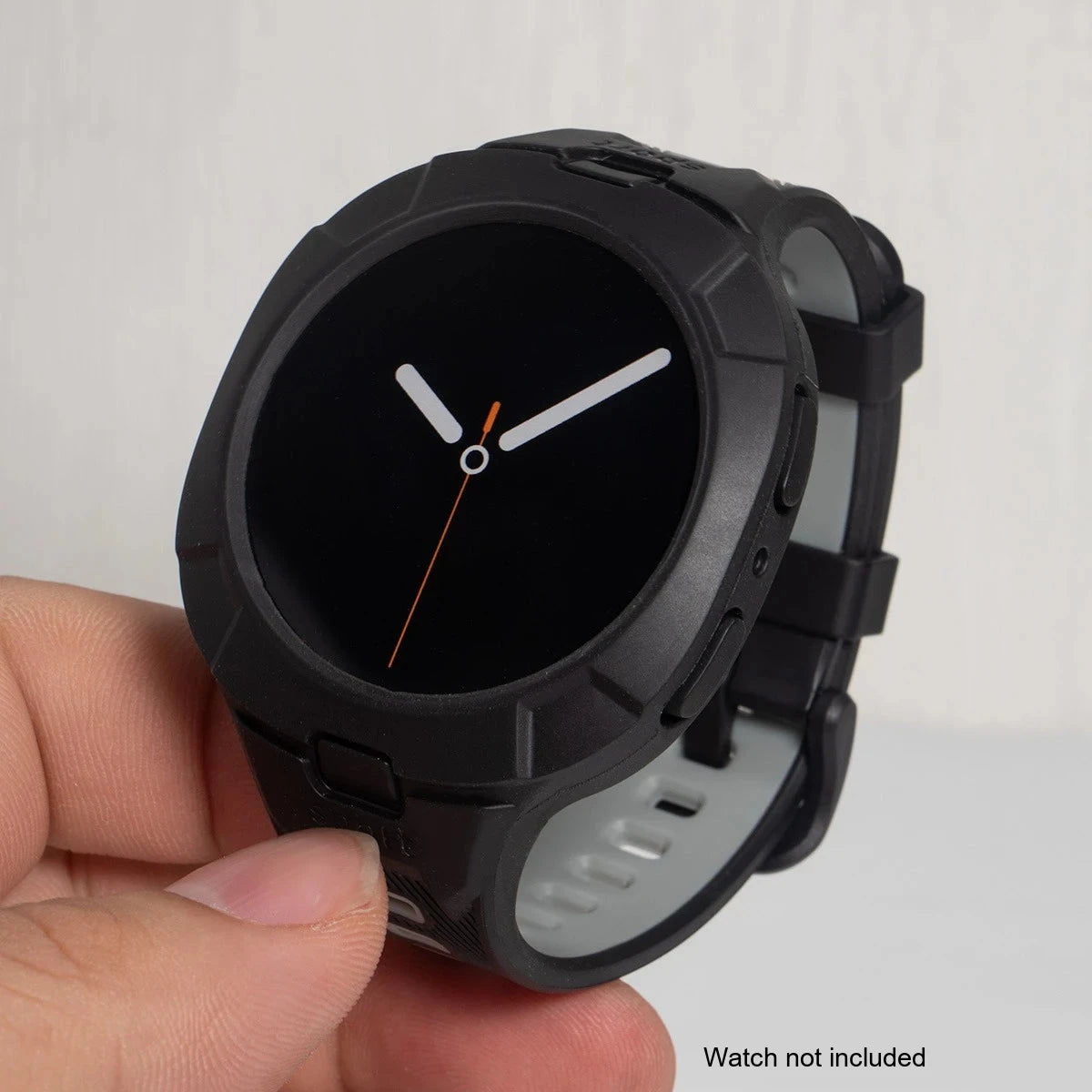 Samsung Galaxy Silicone Sport Watch Band - Case Watch8/Watch8 Classic/Watch9 in black grey held in hand.