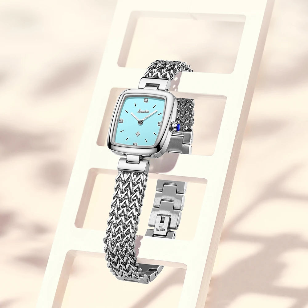 Women's Square Quartz Watch with Braided-Link Bracelet — Bracelet clasp and case profile