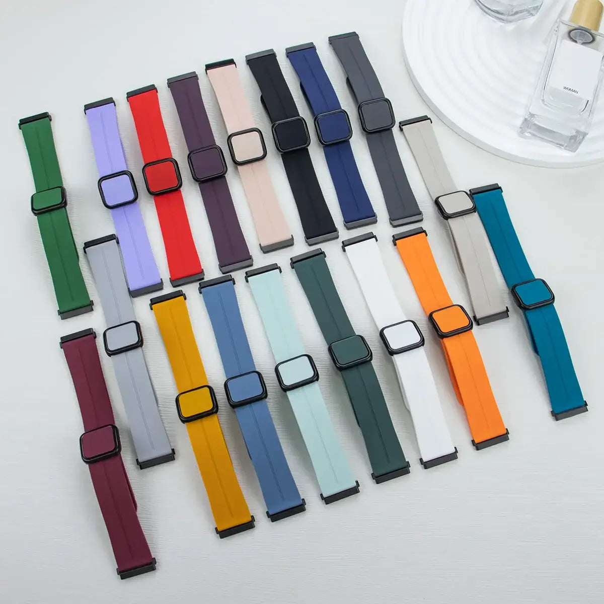 Fitbit Versa & Sense Square-Clasp Magnetic Silicone Band - Solid color options laid flat