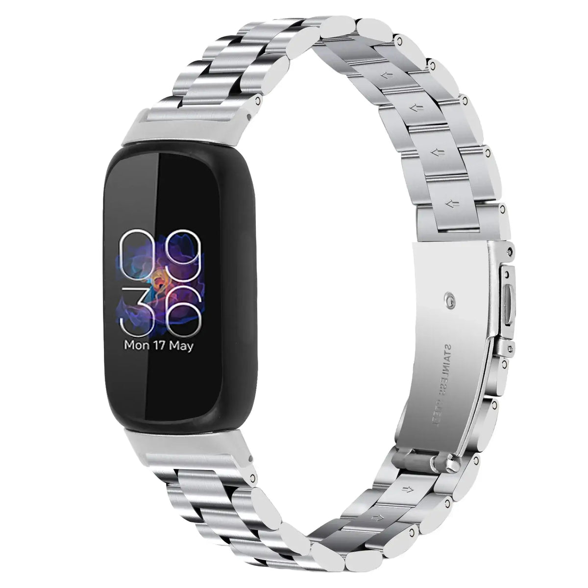 Fitbit Inspire 3 Stainless Steel Three-Link Band - Silver bracelet front view