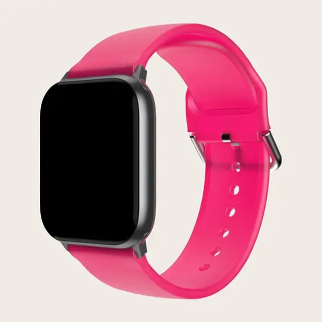 Neon Pink Apple Watch band with buckle and adjustment holes.