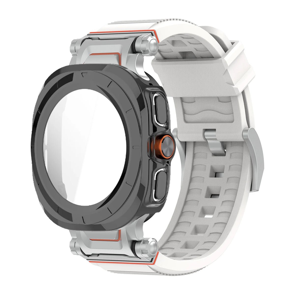Samsung Galaxy Ultra/Ultra2 Silicone Sport Watch Band - Acrylic Case in Black Starlight with white strap and protective design