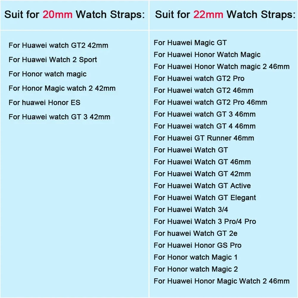 List of compatible watch straps for 20mm and 22mm Huawei and Honor watches.