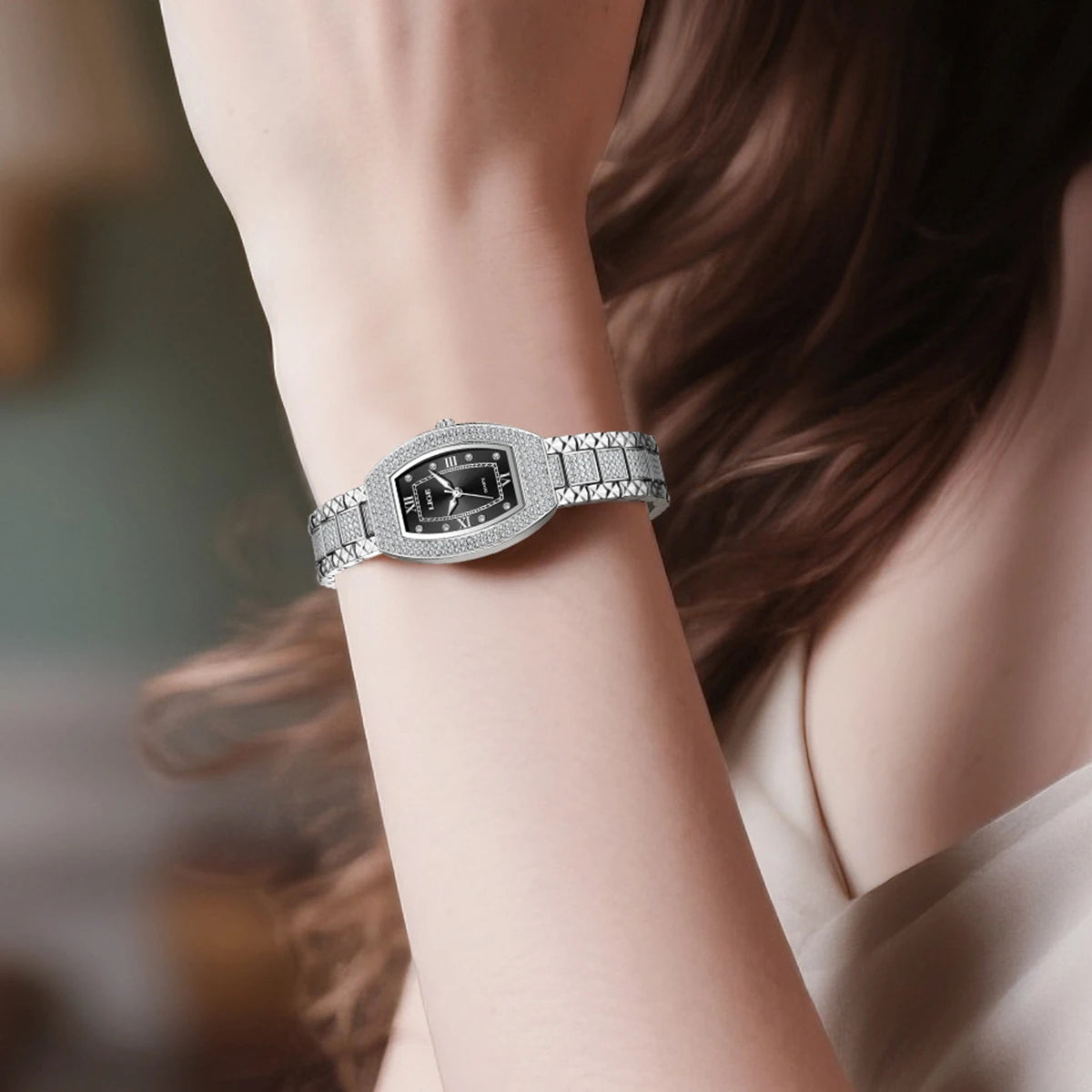 Women's Crystal Tonneau Quartz Bracelet Watch — Crystal bracelet watch worn on wrist