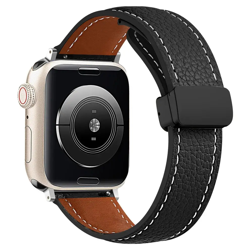 Stitched leather Apple Watch band in Black, with black folding clasp.