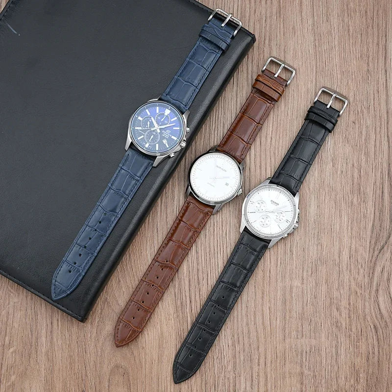 Garmin Croc-Embossed Leather Band in navy blue and black on watches