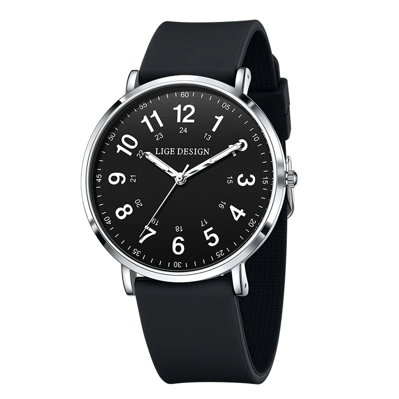 Women's Arabic Numeral Silicone Quartz Watch — Black / Silver Tone / Black Dial — BandsCo Straps