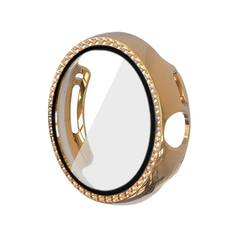 Bedazzled gold case for Google Pixel Watch, featuring a crystal-encrusted design for style and protection.