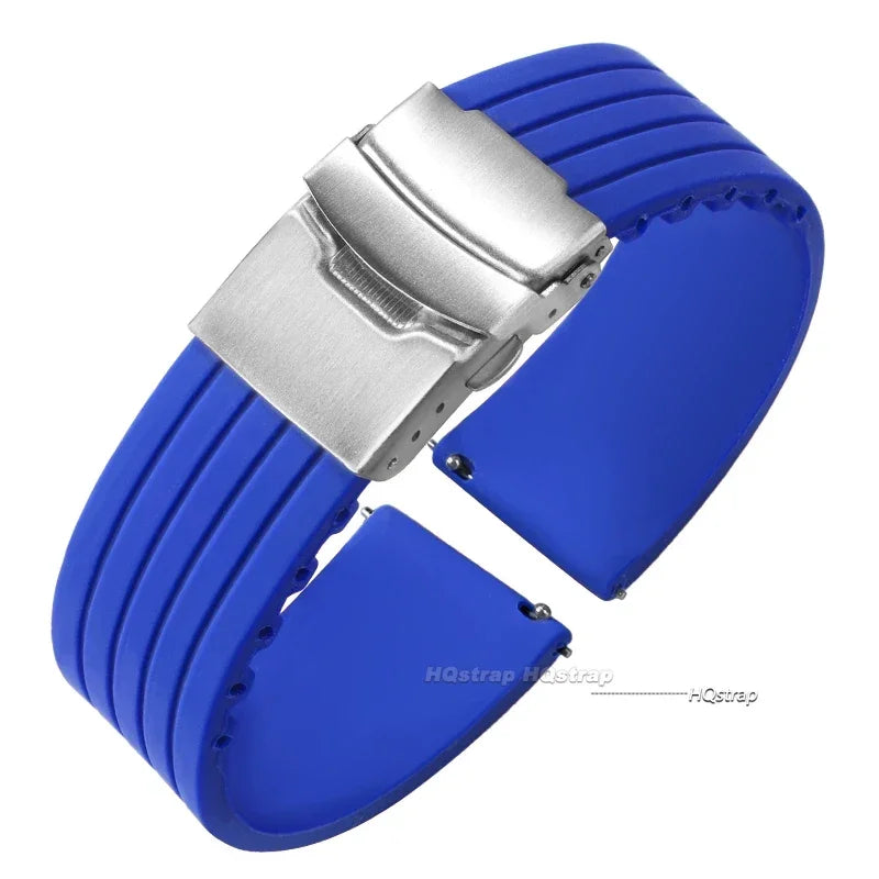 OnePlus Watch Band Silicone Rubber Strap Deployment Buckle Black Brown Green in blue color with silver clasp.