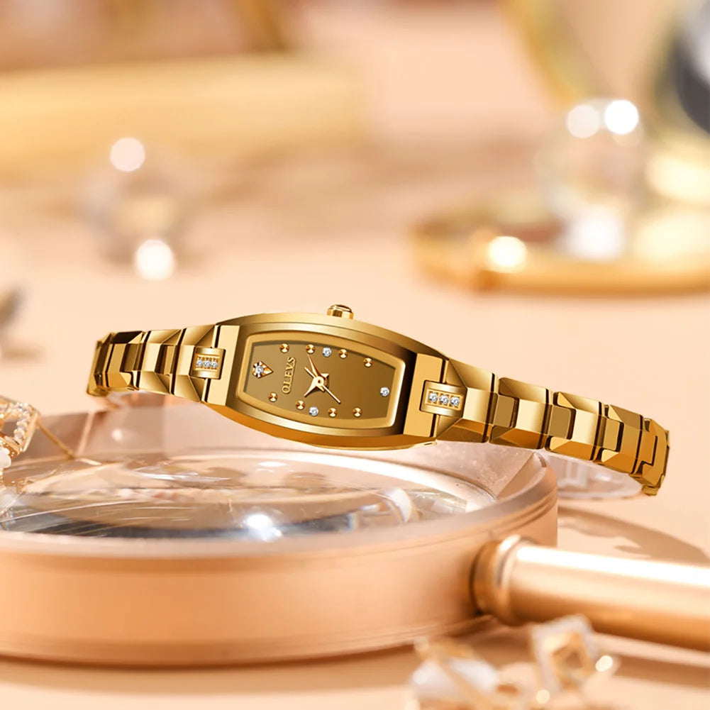 Women's Slim Tonneau Crystal Accent Watch — Gold-tone watch horizontal view — BandsCo Straps