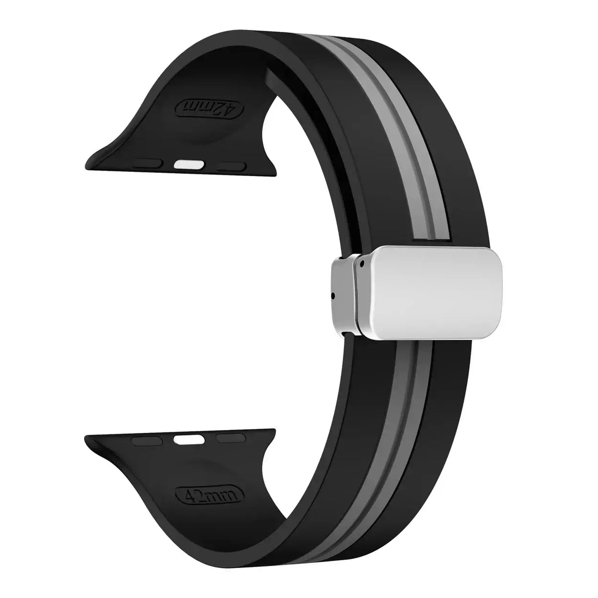 Black / Gray - Silver Clasp striped silicone Apple Watch band with magnetic clasp
