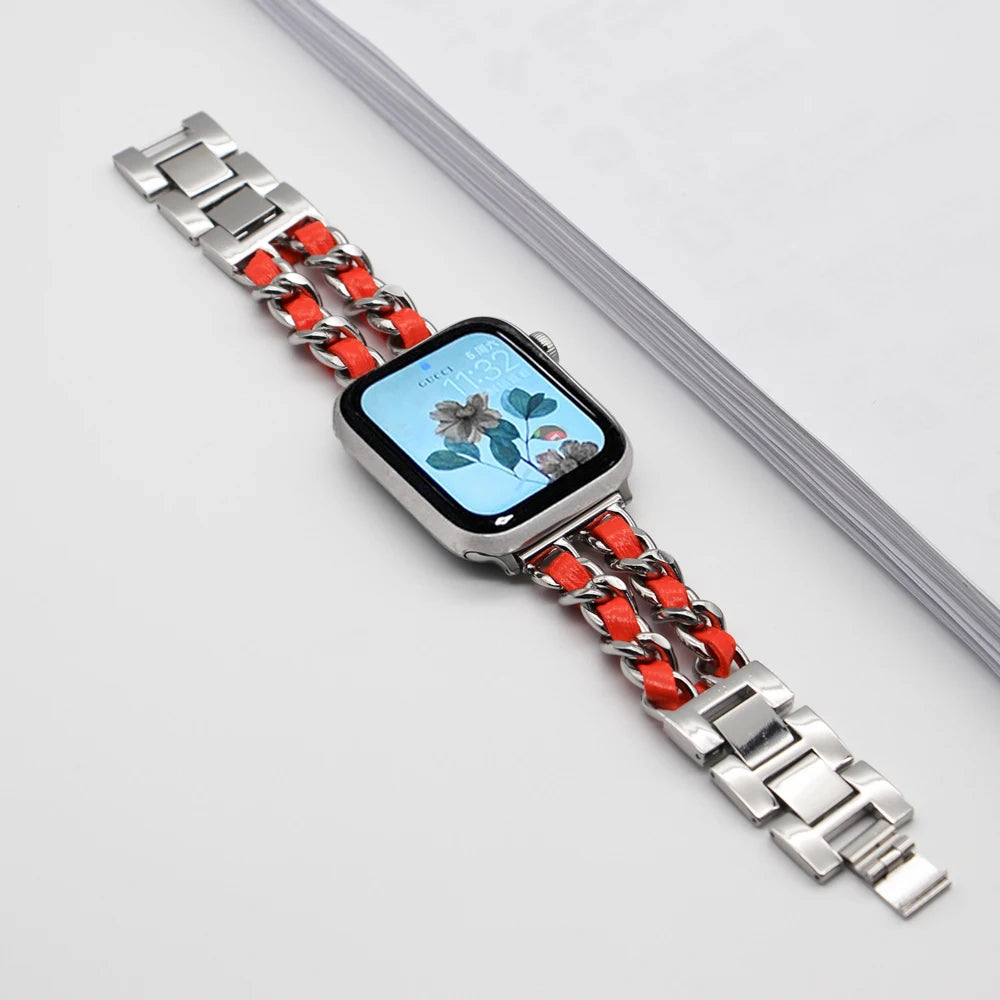 Woven-Accent Chain Apple Watch Bracelet Band in Silver / Orange