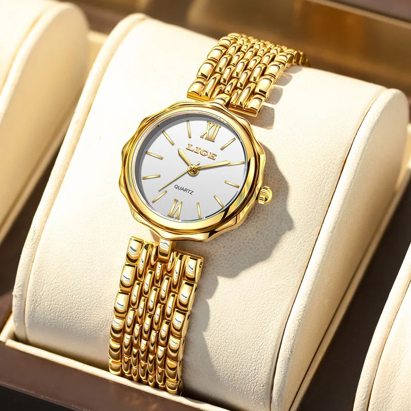 Women's Roman Dial Link Bracelet Quartz Watch — Gold Tone / White Dial — BandsCo Straps
