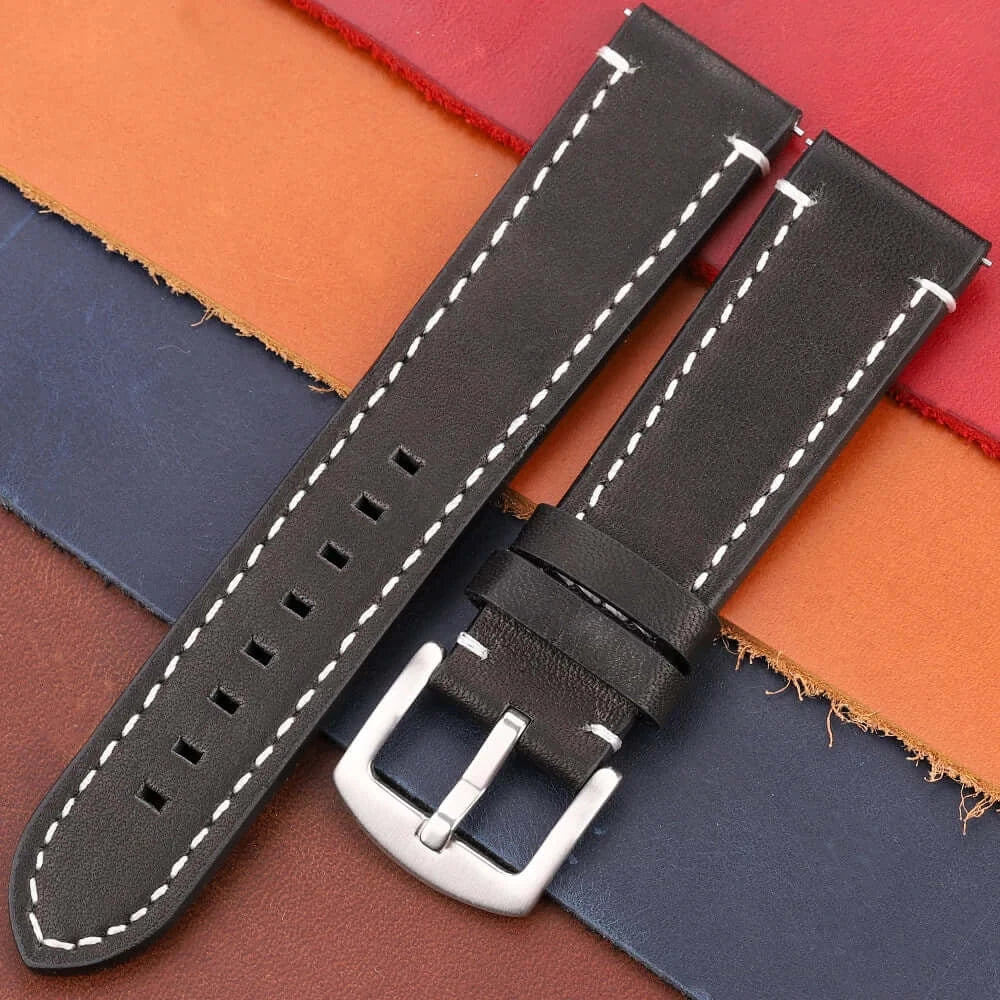 Contrast-Stitched Leather Buckle Band in Black / Silver Buckle for compatible Huawei watches