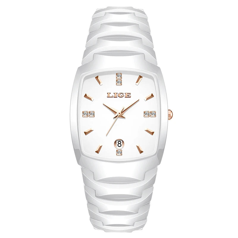 Women's Tonneau Crystal Marker Bracelet Watch — White / Rose Gold-Tone Accents — BandsCo Straps