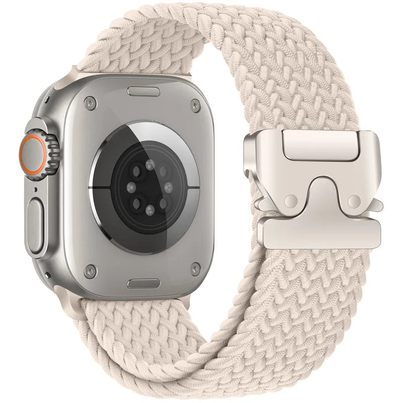 Ivory braided nylon Apple Watch band with parachute-style buckle