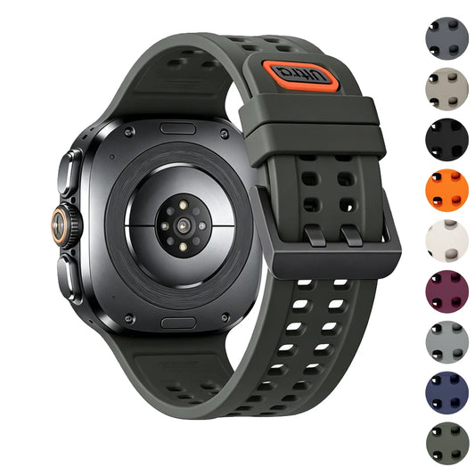 Samsung Galaxy Silicone Sport Watch Band For Ultra/Ultra2 Replacement Strap in green with black and orange accents.