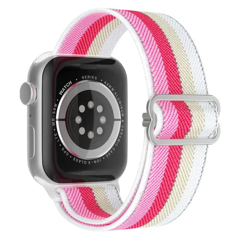 Pink and white striped nylon Apple Watch band