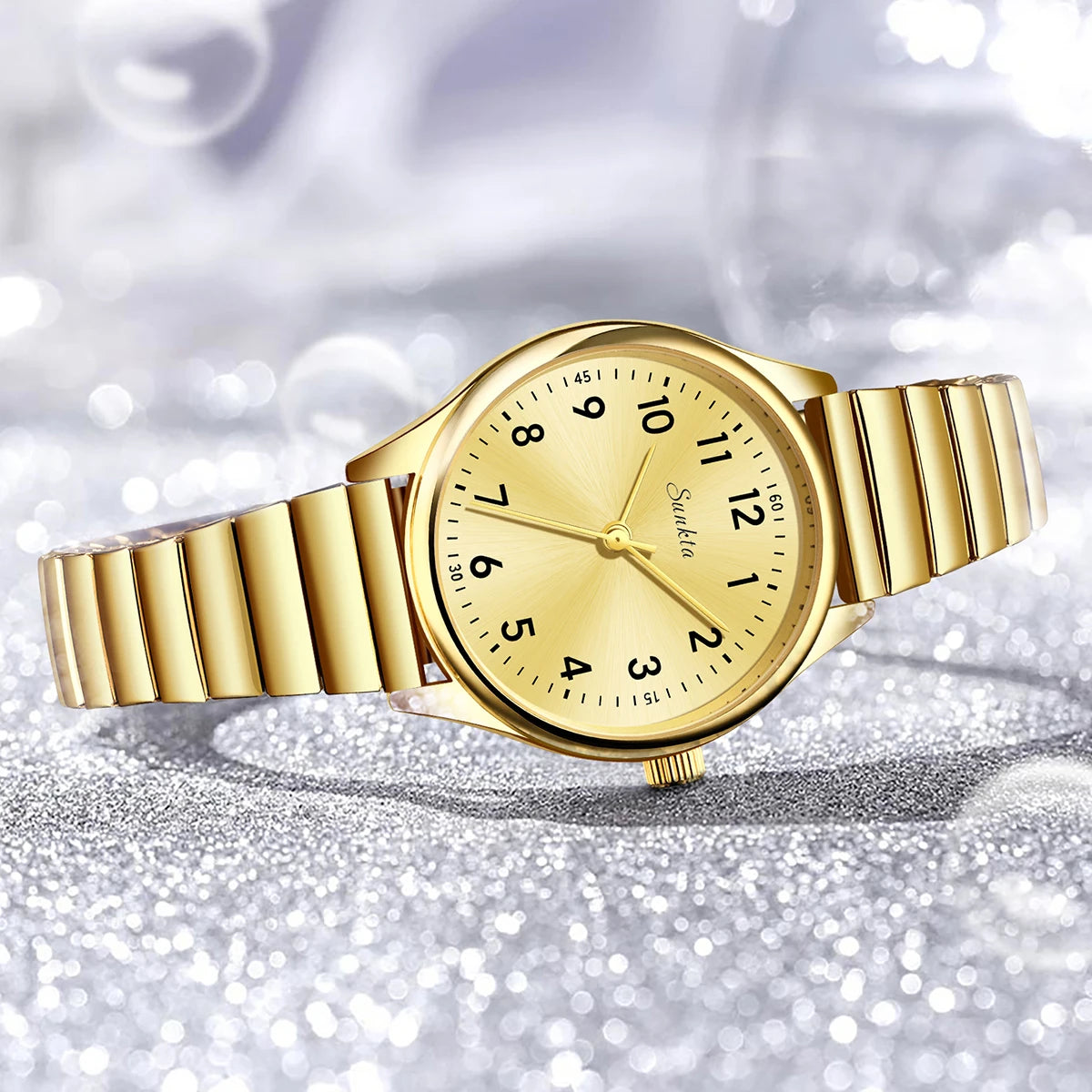 Women's Arabic Numeral Quartz Watch — Gold-tone bracelet horizontal view — BandsCo Straps