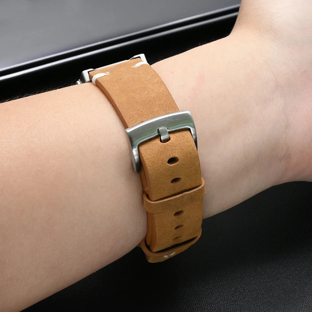 Garmin QuickFit Leather Band with Stitch Accents tan leather band shown on a wrist