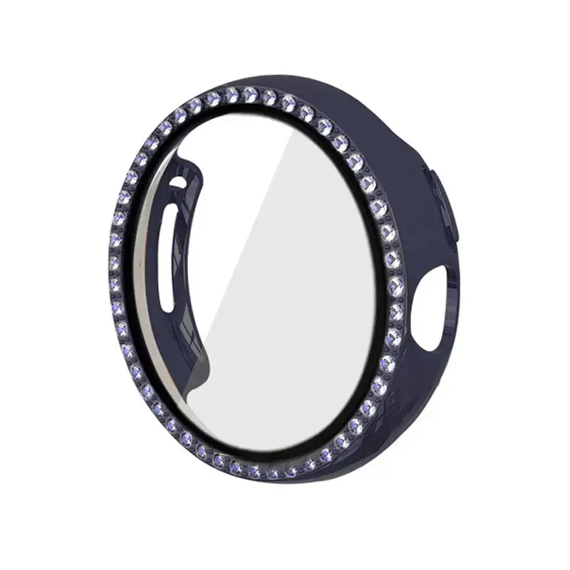 Bedazzled case for Google Pixel Watches with clear center and sparkling edge, enhancing style and protection.