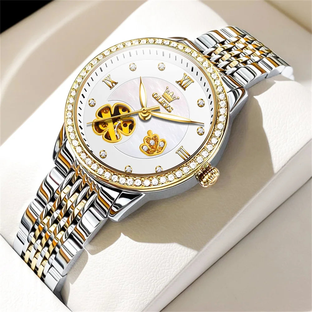 Women's Floral Openwork Automatic Bracelet Watch — White — BandsCo Straps