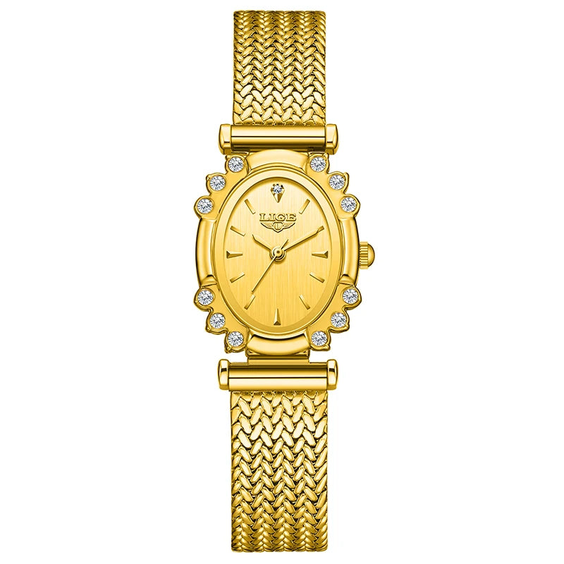 Women's Oval Crystal Bezel Mesh Watch — Gold Tone / Gold Dial — BandsCo Straps