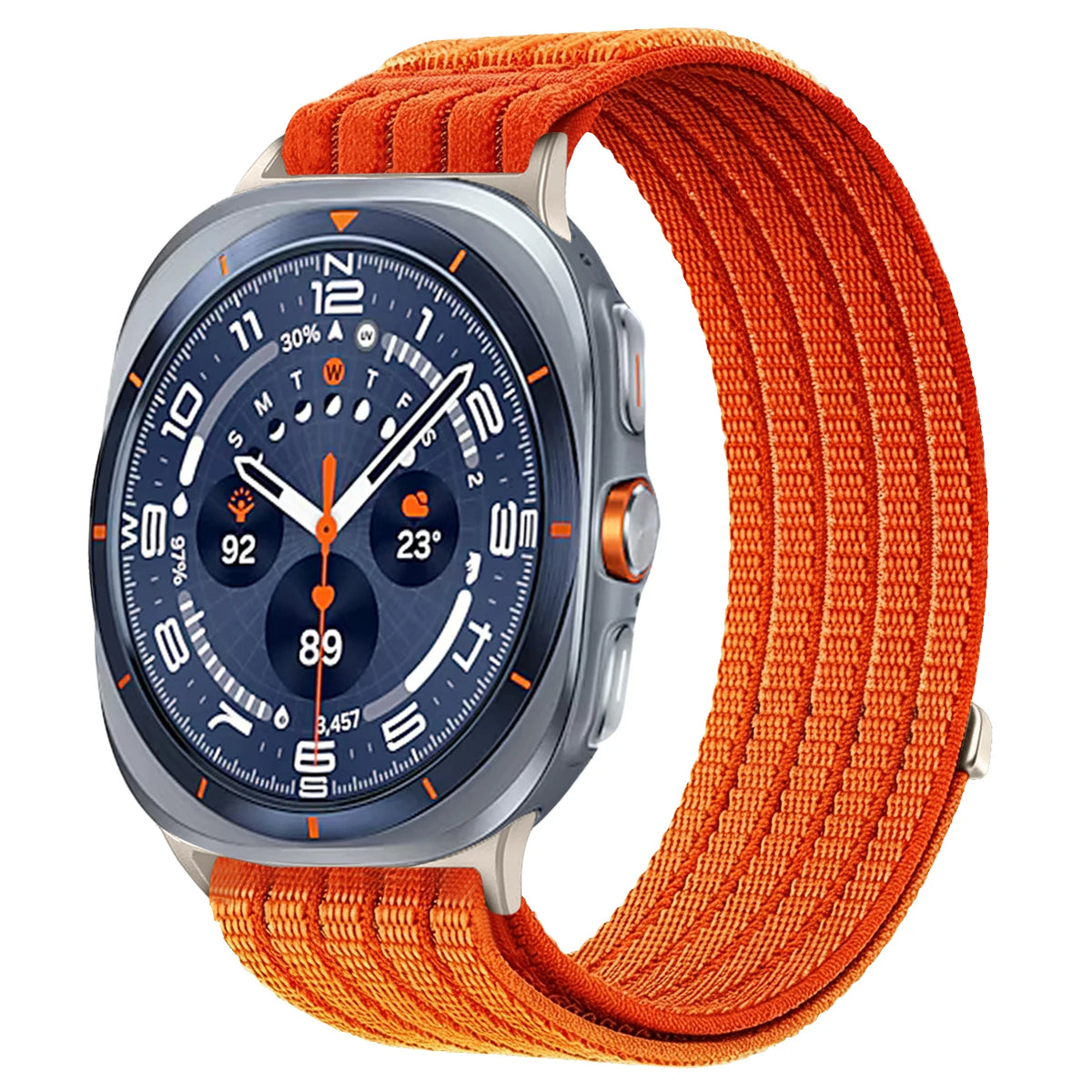 Samsung Galaxy Sport Nylon Woven Loop Watch Band – Watch8/Watch8 Classic/Watch9/Ultra/Ultra2 in orange, designed for active lifestyles.