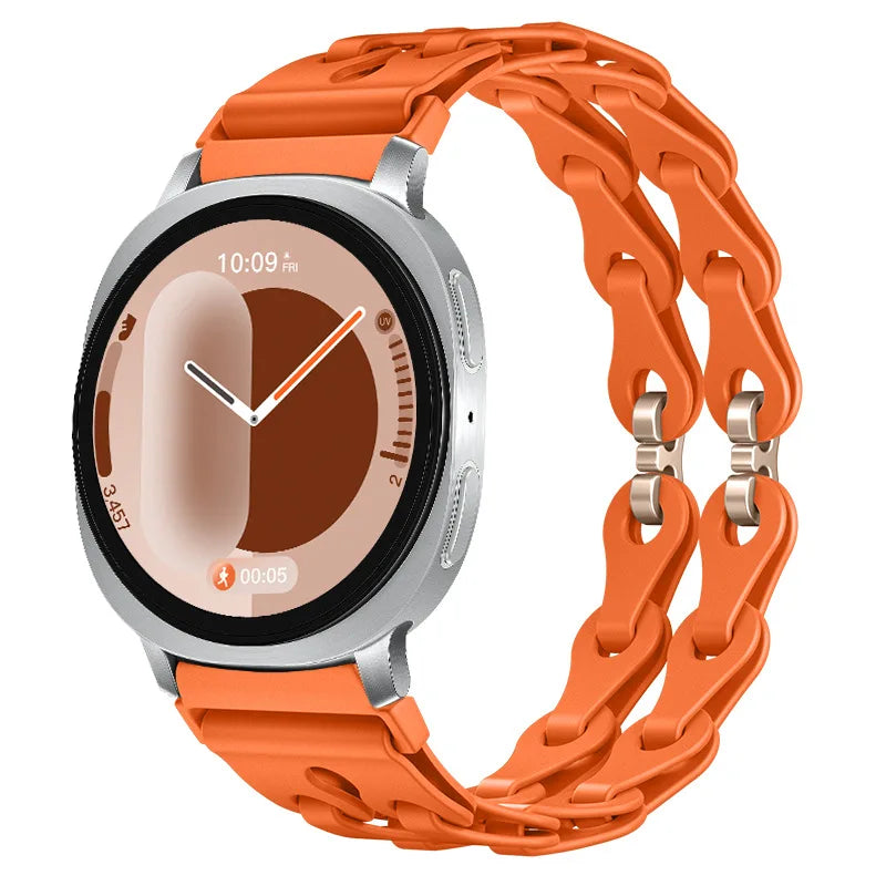 Samsung Galaxy Silicone Chain Watch Band – Watch8/Watch8 Classic/Watch9/Ultra/Ultra2 Multi in orange color with chain design.