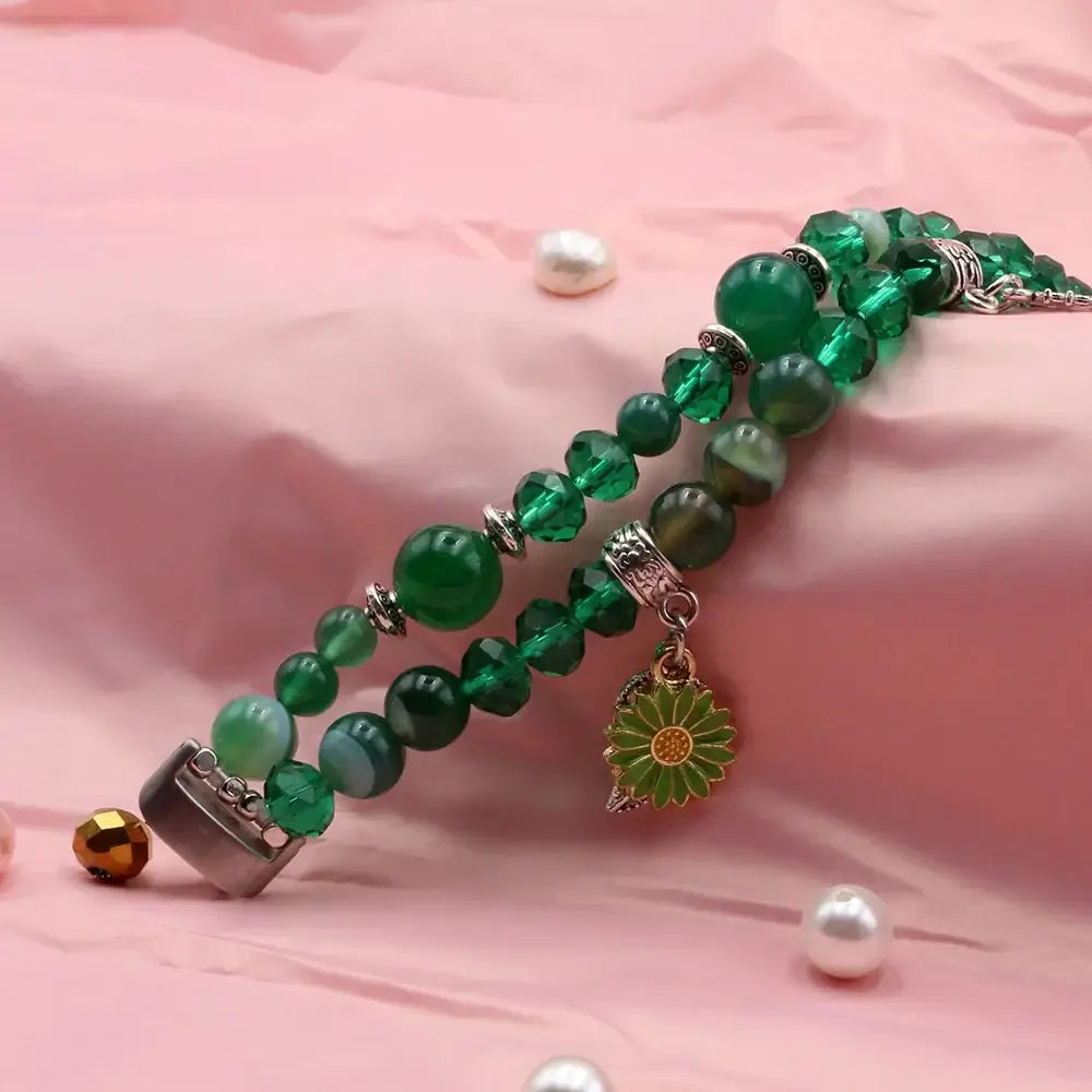 Fitbit Inspire 3 Double-Strand Beaded Charm Band - Green bead and charm detail