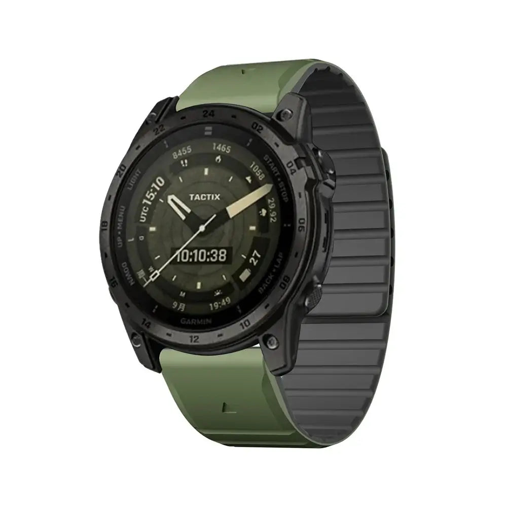 Garmin QuickFit Magnetic Silicone Wrap Band olive and black band shown on a watch
