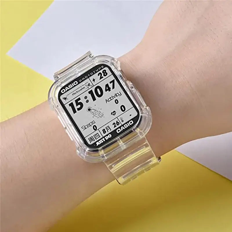 Clear Apple Watch band and case worn on wrist