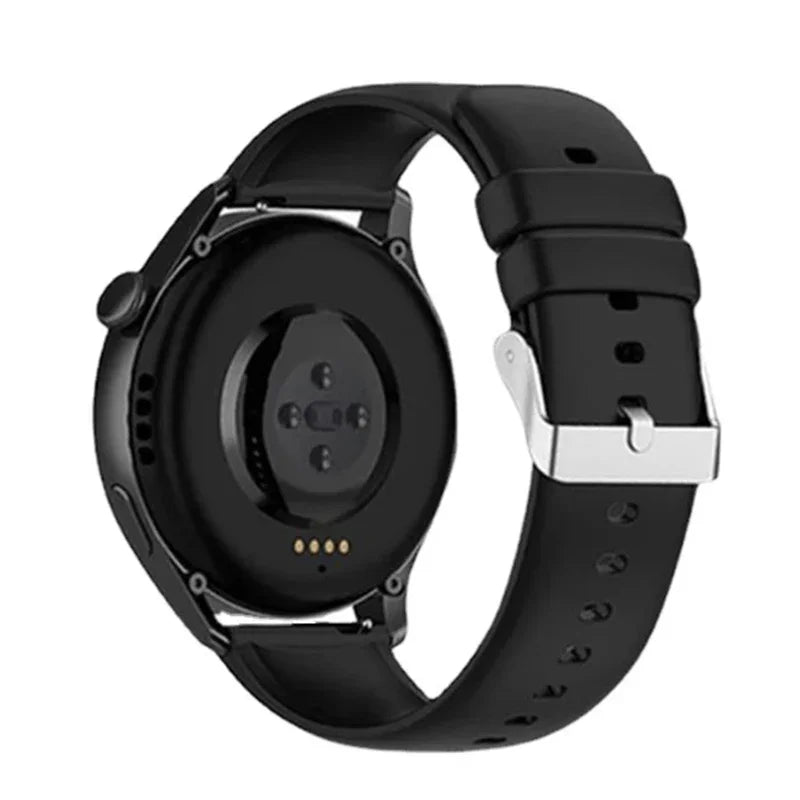 Motorola Moto Watch Bands Silicone Replacement Strap with Metal Buckle on a smartwatch, showcasing a sleek black design.