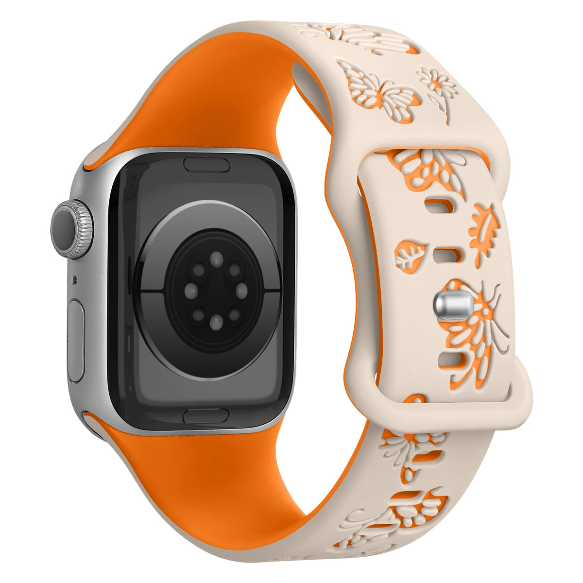 Ivory butterfly strap with orange underside and pin closure for Apple Watch