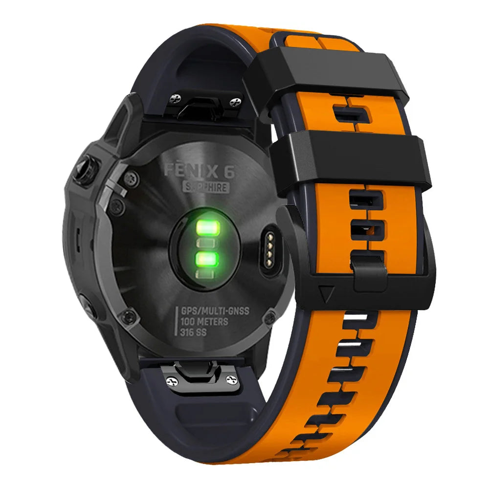 Garmin QuickFit Contrast-Panel Silicone Band orange and navy strap shown from the underside of a watch