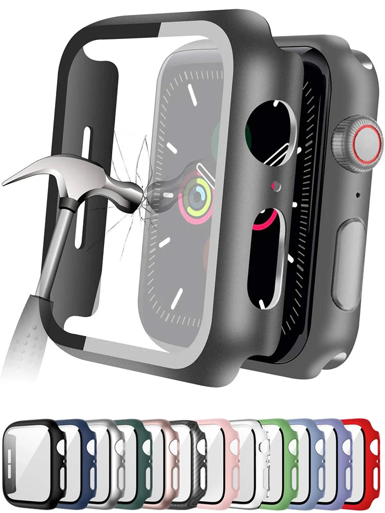 Quality protective case for Apple Watch displaying durability with hammer impact and various color options.
