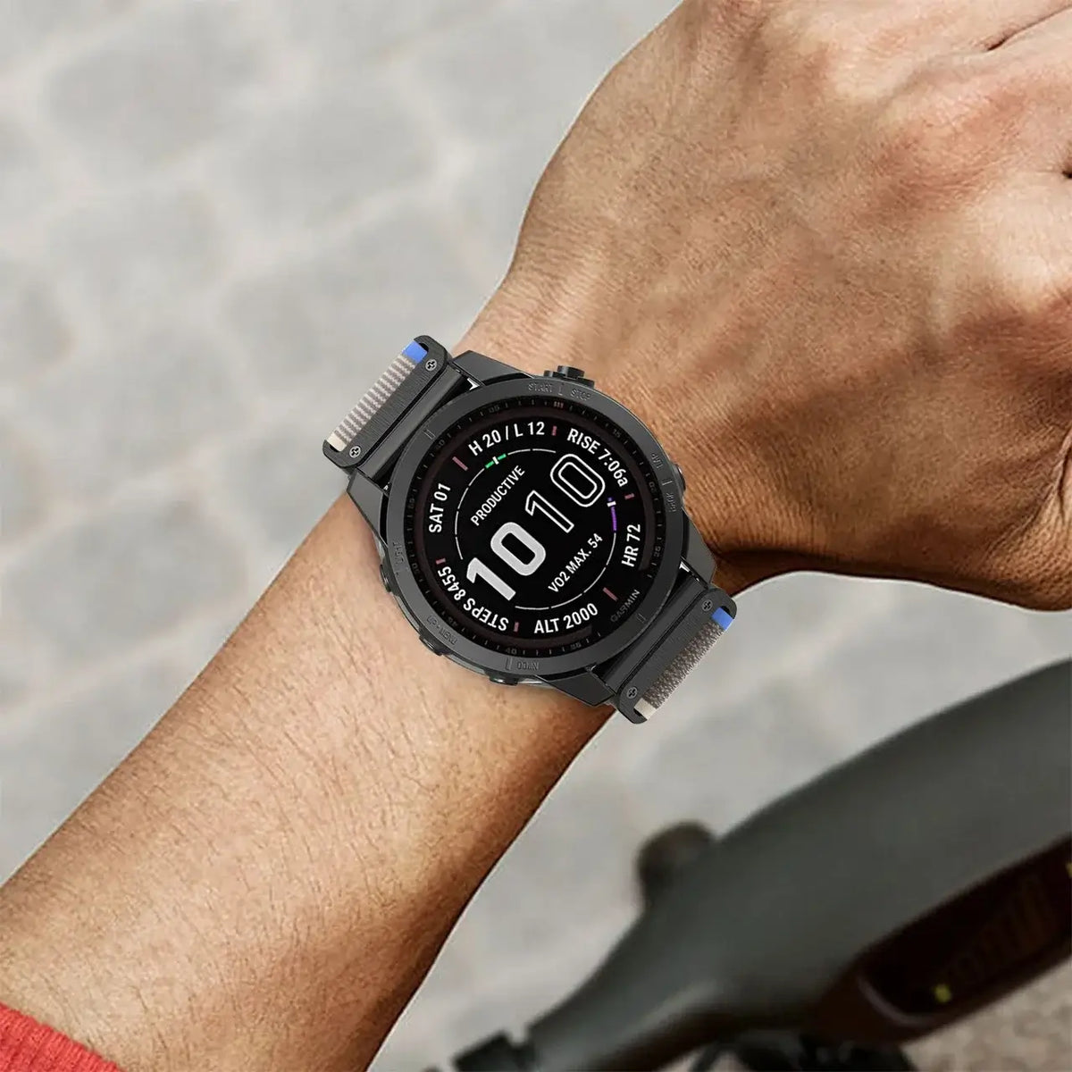 Garmin QuickFit Nylon Hook-and-Loop Band shown on a wrist