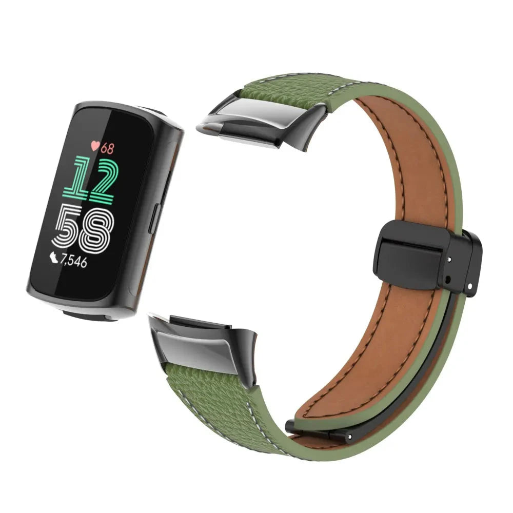 Army Green Fitbit Charge 5 and 6 Leather Band with Magnetic Folding Clasp