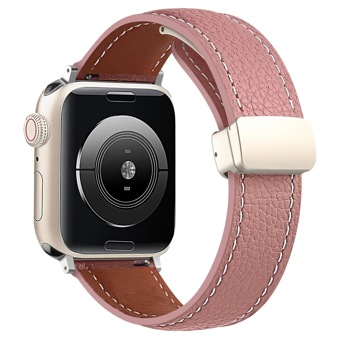 Stitched leather Apple Watch band in Dusty Pink, with silver-tone folding clasp.