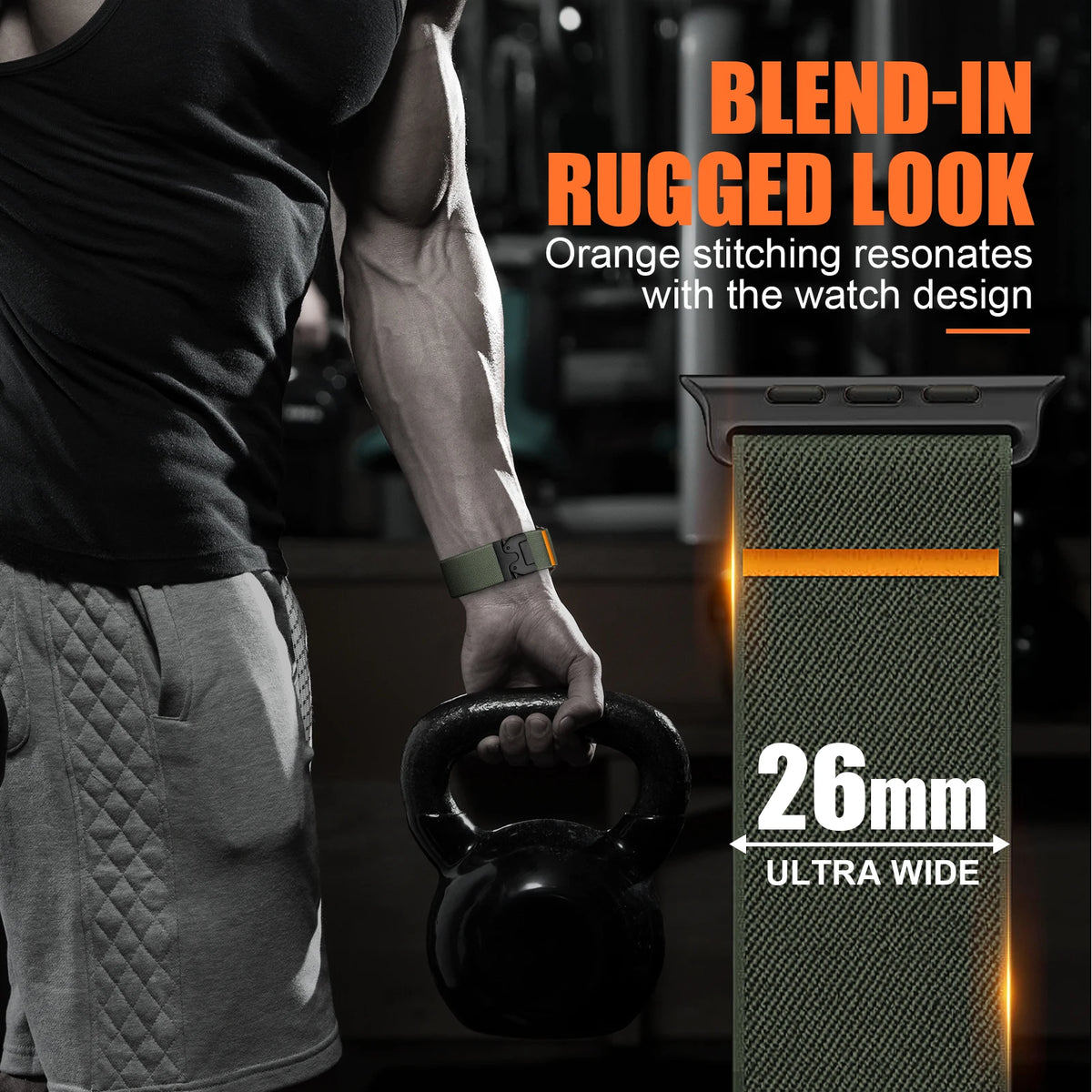 Army green nylon band with orange connector accent