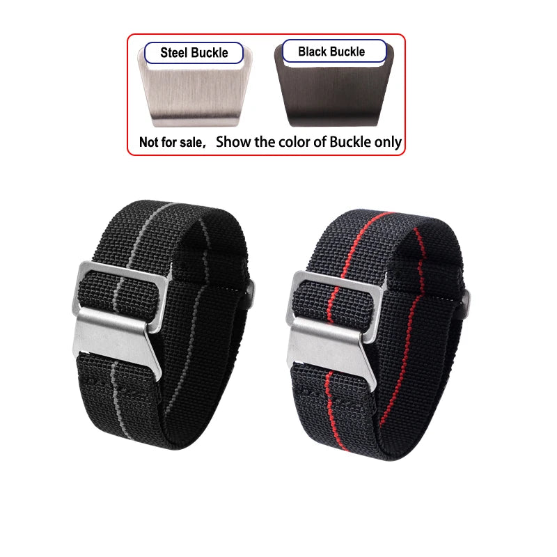 OnePlus Smartwatch Bands Nylon Elastic Parachute Fabric Watch Strap in black with steel and black buckle options.