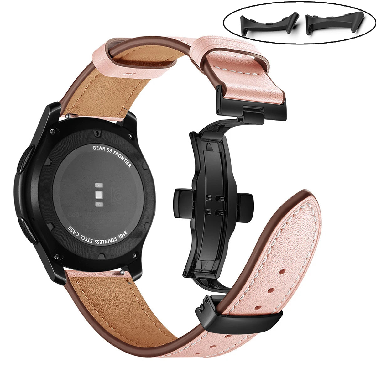 Pink - Black Clasp Google Pixel Watch 5, 4 and 3 45mm Leather Band, Butterfly Clasp